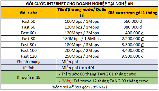 Gói cước cáp quang Viettel Nghệ An cho doanh nghiệp